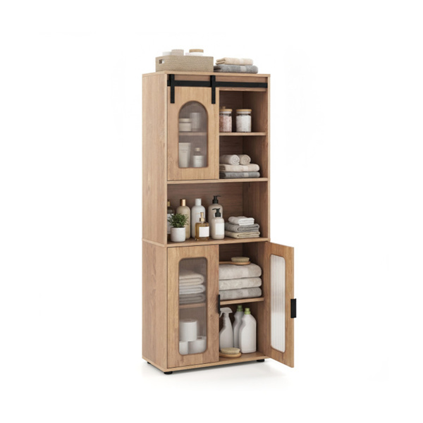 59英寸独立式储物柜，带滑动门和可调节支脚，适用于浴室客厅的现代落地式橱柜-4