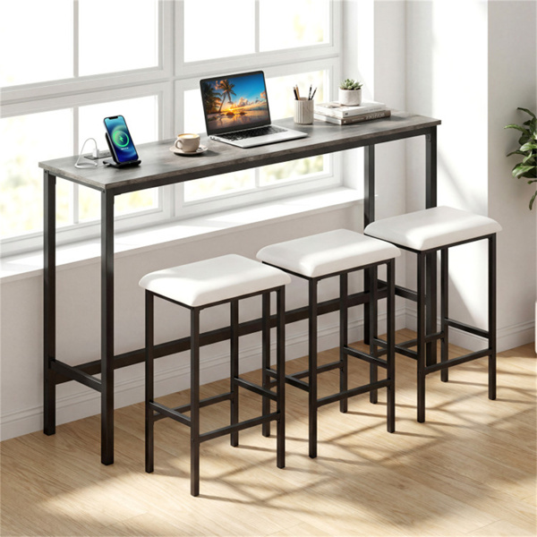 4件式柜台高度酒吧桌带充电站和USB端口的，带3个凳子的灰色酒吧桌-7