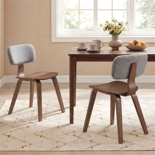 一套2把餐椅（灰色和胡桃木色），泰迪天鹅绒内饰和毛绒衬垫设计-2