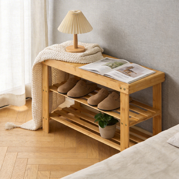 70cm长3层顶板无缝 竹制 70*28*45cm 鞋架 原木色-11