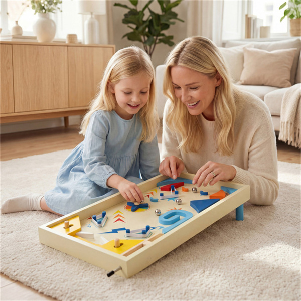 彩色木制弹球机，3个金属弹珠和弹簧柱塞，双翻转控制，适合有趣的游戏-2