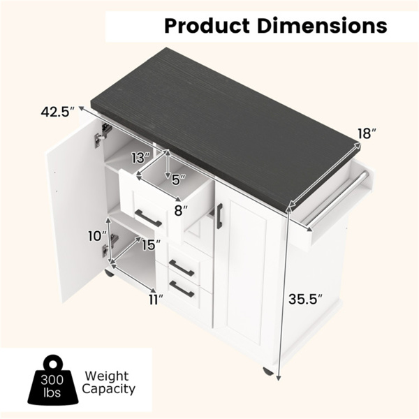 白色厨房岛推车，带4个抽屉和2个橱柜，5个带制动器的万向脚轮-3