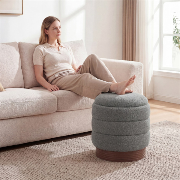 圆形旋转储物脚凳，带实木框架，无需组装，储物空间为5.5加仑-灰色-6