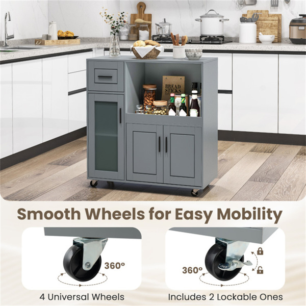 灰色厨房岛推车，带微波炉架、抽屉和双门橱柜，360°旋转脚轮-11