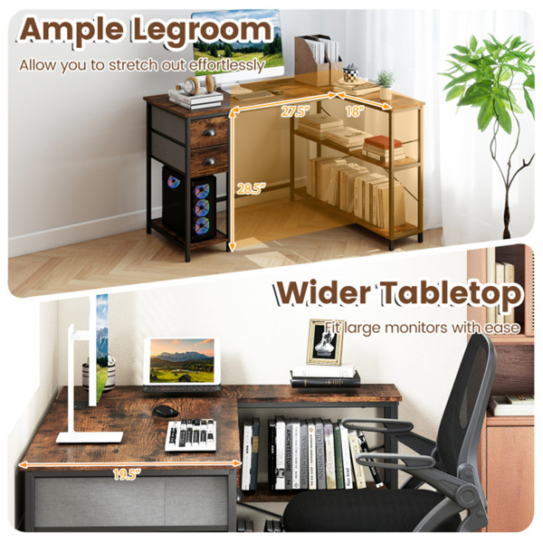 L形电脑桌，带内置电源插座、USB和Type-C充电端口、带织物抽屉和储物架的家庭办公室角桌 - 粗犷棕色-8