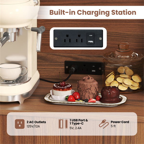 带内置充电站的棕色餐具柜（2个交流电源插座、USB和Type-C端口），充足的存储空间-11