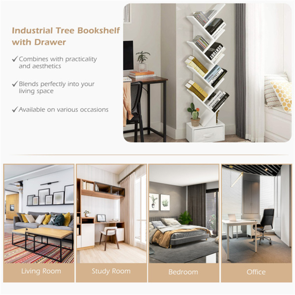 白色树形书架，10个开架和可折叠布料抽屉，节省空间的角落设计-11