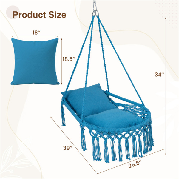 波西米亚流苏结 秋千带2个软垫的悬挂秋千椅，可容纳330磅的吊床椅，适用于室内室外卧室露台阳台-海军蓝-3