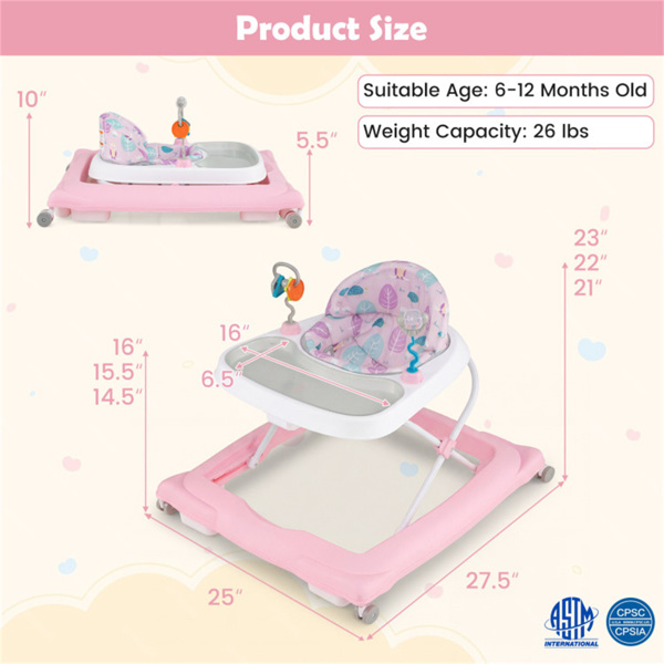 粉色可折叠婴儿学步车，带可拆卸托盘和形状分类玩具，3层高度可调，适用于6-12个月大的婴儿-6