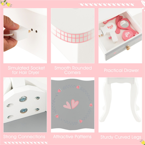 白色儿童梳妆台套装，带三折亚克力镜子和抽屉，二合一敞篷设计（3岁以上）-5