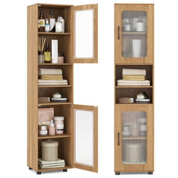 67英寸高瘦浴室储物柜，带槽门，可调节架子，独立式窄收纳架 - 自然色