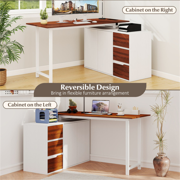 可逆L形办公桌，内置充电站，带抽屉和文件柜的家庭办公桌 - 白色-4