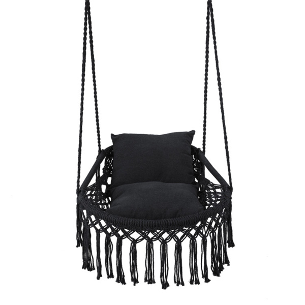 波西米亚流苏结 秋千带2个软垫的悬挂秋千椅，可容纳330磅的吊床椅，适用于室内室外卧室露台阳台-黑色-5