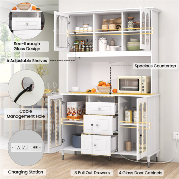 73英寸白色厨房餐具柜，带可定制的LED灯和内置充电站（USB/Type-C/AC插座）-11
