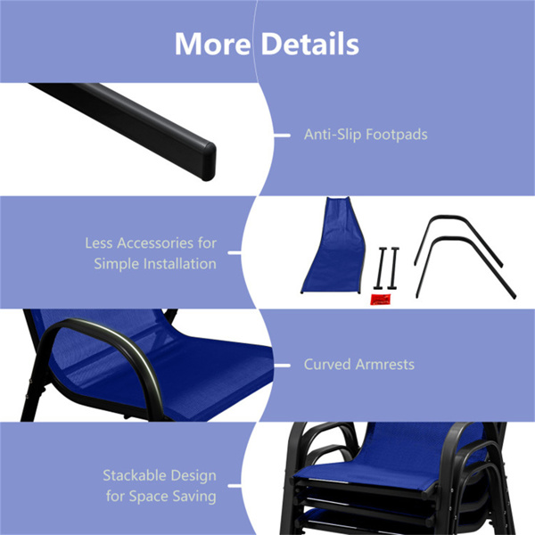 蓝色2件套可堆叠的露台餐椅，符合人体工程学的钢架透气织物户外椅，容量330磅-4
