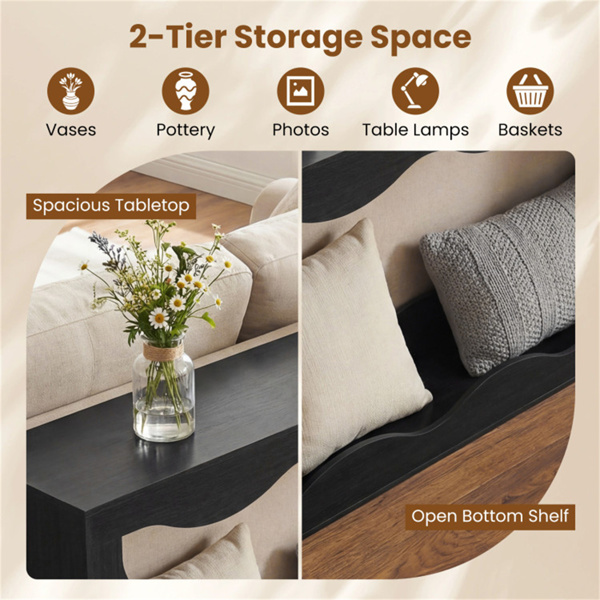 63英寸窄控制台桌，波浪形中空设计，2层超长入口桌，带储物架 - 黑色-9