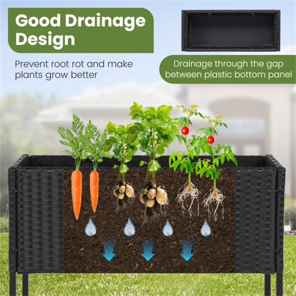 28英寸高架花盆箱，带储物架，符合人体工程学的花园床，用于露台阳台香草蔬菜 - 黑色-10