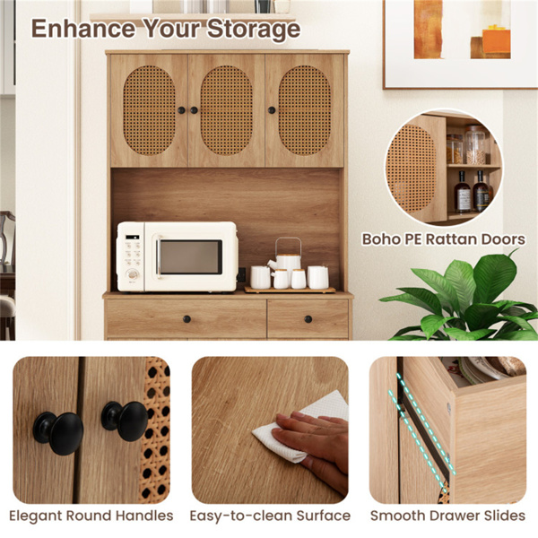 天然波西米亚6门餐具柜，PE藤门和内置充电站（2个交流电源插座+2个USB端口）-10