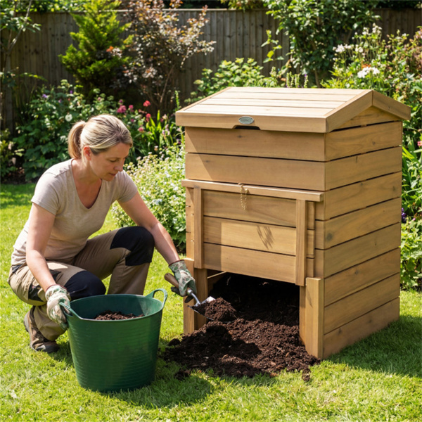 33英寸高的实木堆肥机，顶部和底部易于进入，花园垃圾装饰堆肥箱 -4