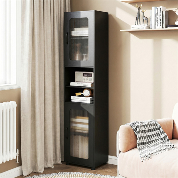 67英寸高瘦浴室储物柜，带槽门，可调节架子，独立式窄收纳架 - 黑色-9