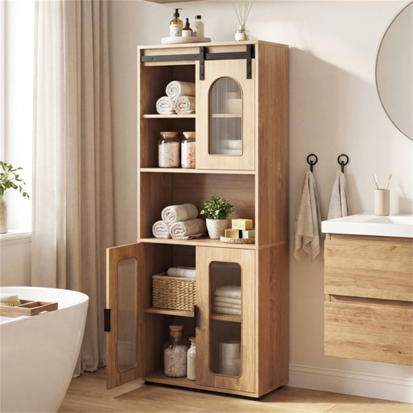 59英寸独立式储物柜，带滑动门和可调节支脚，适用于浴室客厅的现代落地式橱柜-6