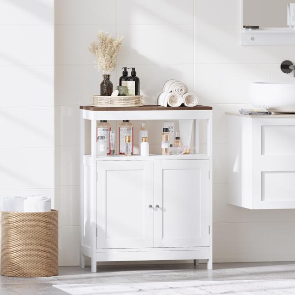 现代双门储物柜，独立式浴室柜，带可调节层板和天然木质台面，多功能收纳柜，适用于厨房、客厅、浴室或玄关 – 白色(不支持self-pick up且不支持指定仓库发货)-2