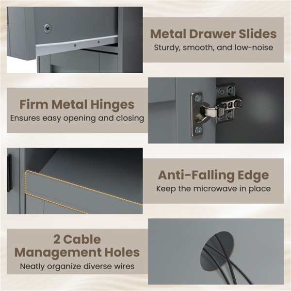 灰色厨房岛推车，带微波炉架、抽屉和双门橱柜，360°旋转脚轮-7