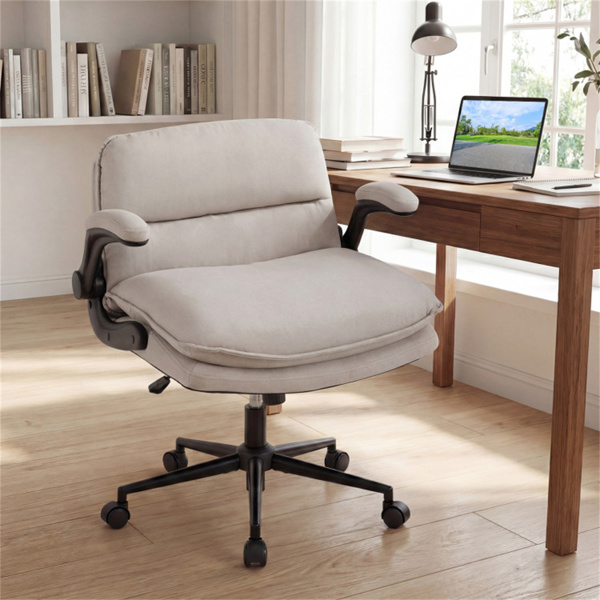 带翻转扶手的Criss十字椅，带可调节高度和摇摆功能的人造皮革交叉腿办公椅-米色-9