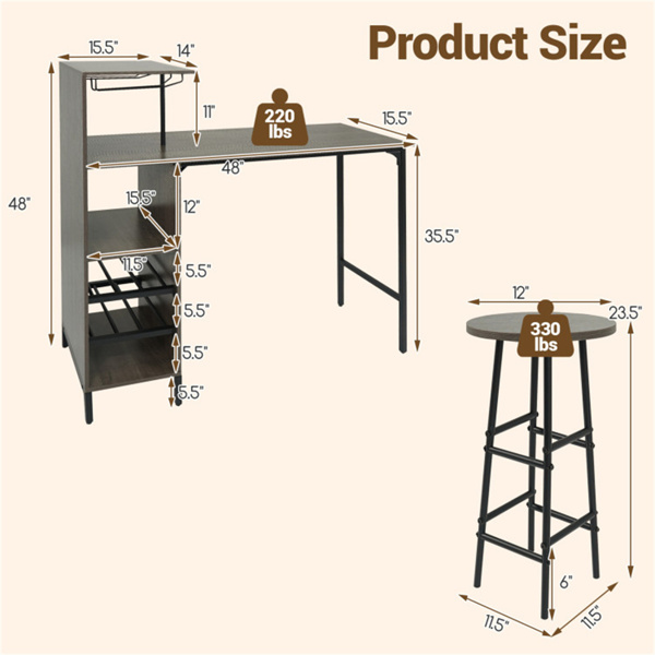 3PCS酒吧桌和凳子套装，葡萄酒储存（6瓶+酒杯架），橡木-3
