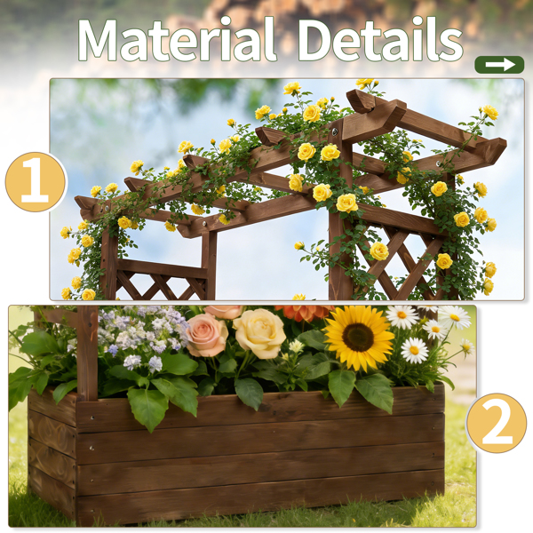 110*44.5*113CM 碳化色 带拱形格子 高架花园床 杉木 木种植-17