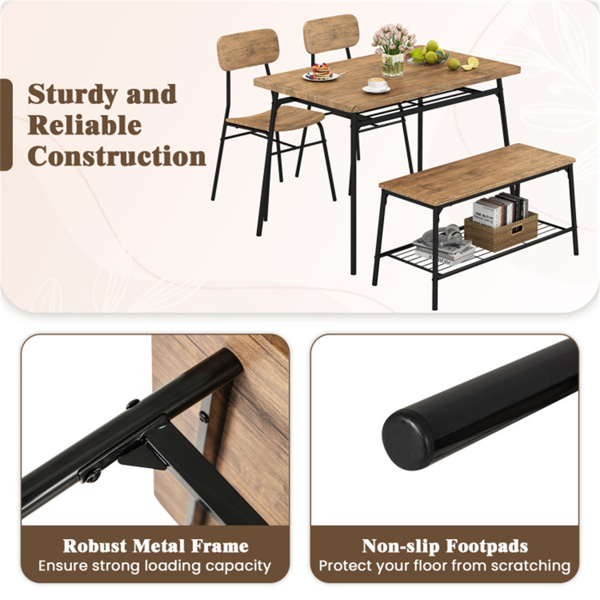 棕色+黑色4件套餐桌，带长凳和两把椅子，设计节省空间-7