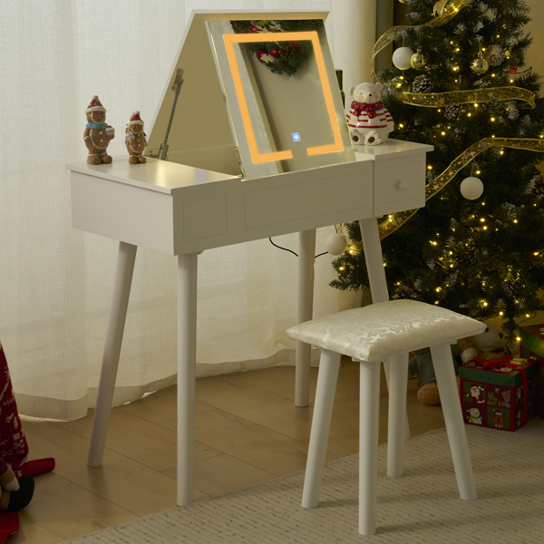 白色 密度板 梳妆桌套装 翻盖LED三色调光镜 欧式-2