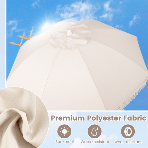 6英尺波西米亚风格露台伞，带流苏、山毛榉木杆和玻璃纤维肋条，按钮式倾斜户外伞-5