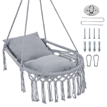 波西米亚流苏结 秋千带2个软垫的悬挂秋千椅，可容纳330磅的吊床椅，适用于室内室外卧室露台阳台-灰色