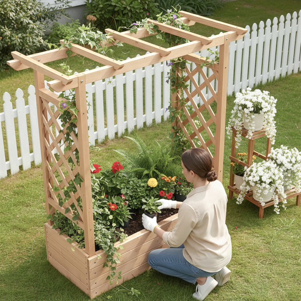 110*44.5*113CM 原木色 带拱形格子 高架花园床 杉木 木种植-20