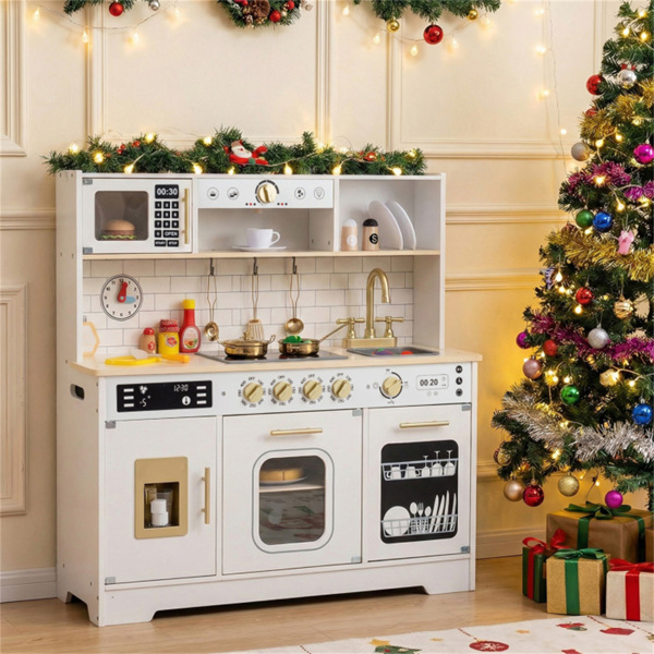 儿童木制游戏厨房，配有逼真的灯光和声音，为3岁幼儿提供假装制冰机和储物空间+ - 白色-7