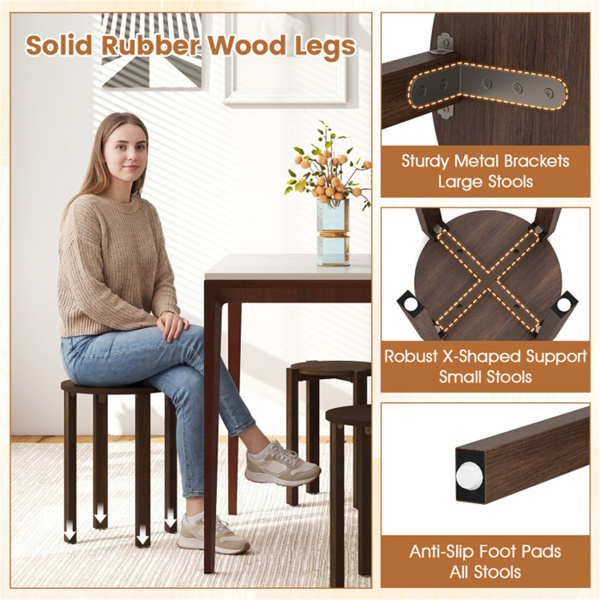 4件套可堆叠的嵌套凳，带可锁定的滚动底座，实心橡胶木餐凳，可额外就座-胡桃色-10