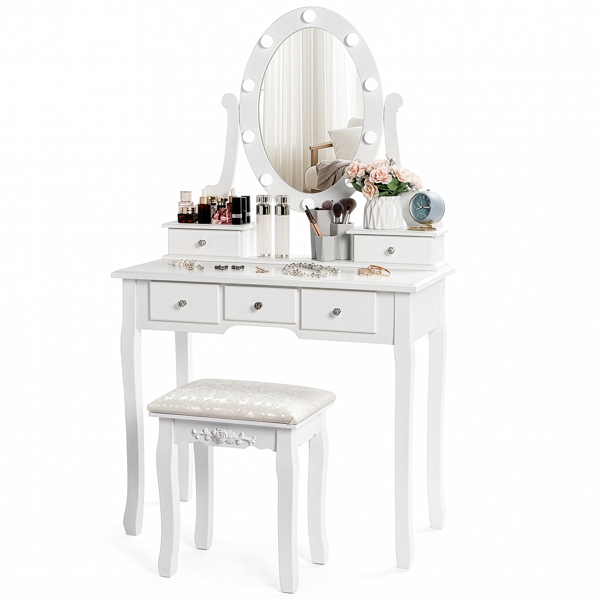 五抽单镜梳妆桌套装 欧式 带灯泡 白色=39757282,61588080-6