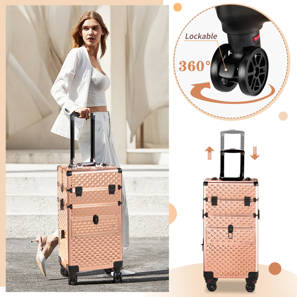 2合一带滑轨前抽 平面左抽可拆卸万向轮 铝制 钻石纹 香槟金 化妆箱 34*24*72.5cm-9