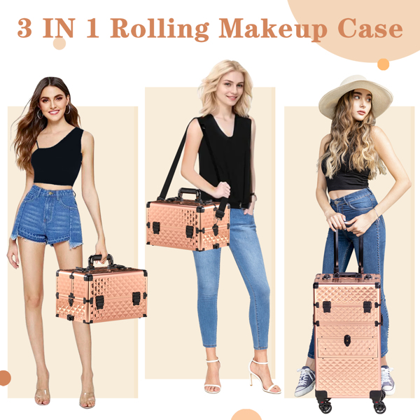 2合一带滑轨前抽 平面左抽可拆卸万向轮 铝制 钻石纹 香槟金 化妆箱 34*24*72.5cm-8