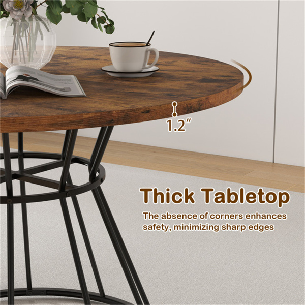 棕色47英寸圆形餐桌，适合4-6人家庭使用，沙漏金属底座和曲面桌面-8