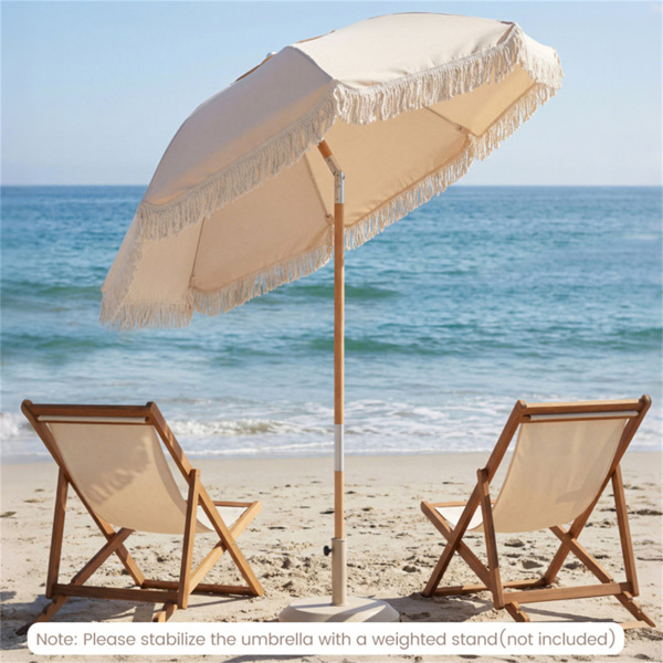 6英尺波西米亚风格露台伞，带流苏、山毛榉木杆和玻璃纤维肋条，按钮式倾斜户外伞-2