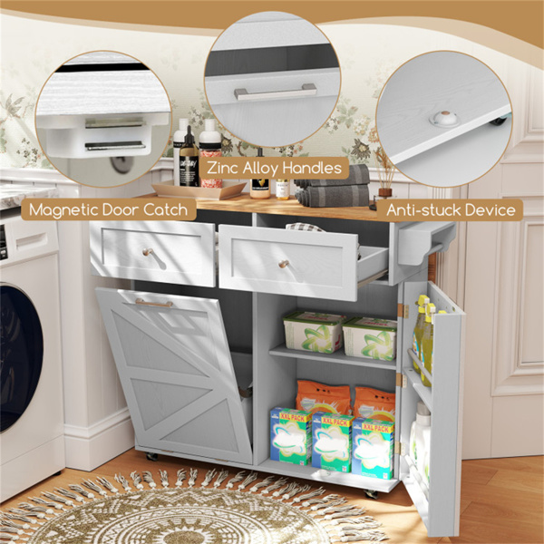 灰色移动厨房岛推车，带落叶设计，可锁定的万向轮和垃圾箱-10