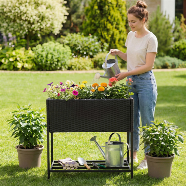 28英寸高架花盆箱，带储物架，符合人体工程学的花园床，用于露台阳台香草蔬菜 - 黑色-3