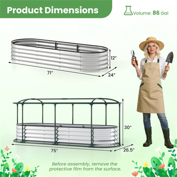 三合一高架花园床，带温室盖，镀锌钢花盆，全年种植-银色-4