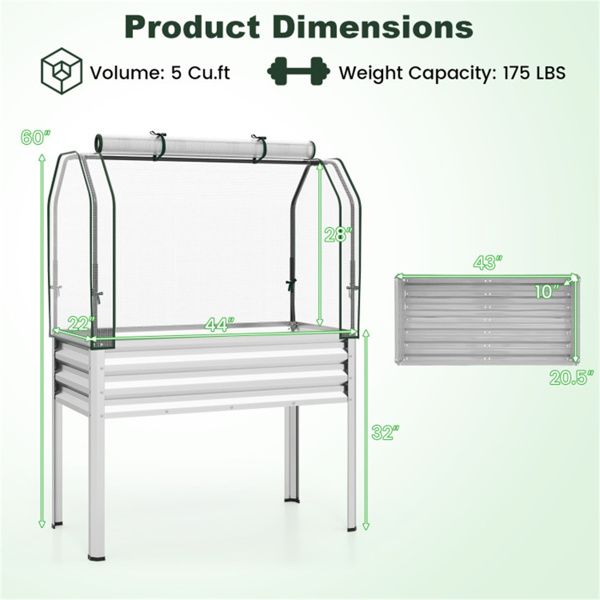 三合一金属高架花园床，带迷你温室盖，高架花盆箱-银色-4