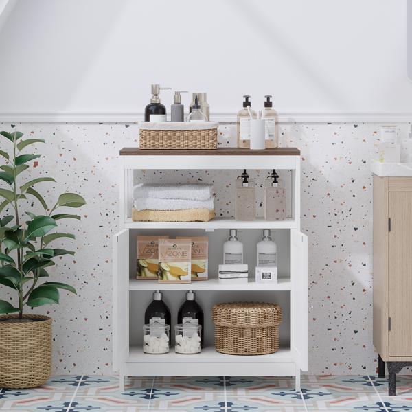 现代双门储物柜，独立式浴室柜，带可调节层板和天然木质台面，多功能收纳柜，适用于厨房、客厅、浴室或玄关 – 白色(不支持self-pick up且不支持指定仓库发货)-9