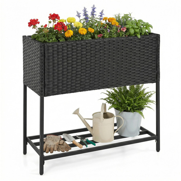 28英寸高架花盆箱，带储物架，符合人体工程学的花园床，用于露台阳台香草蔬菜 - 黑色-1