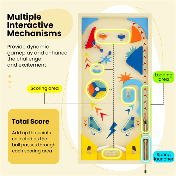 彩色木制弹球机，3个金属弹珠和弹簧柱塞，双翻转控制，适合有趣的游戏-8
