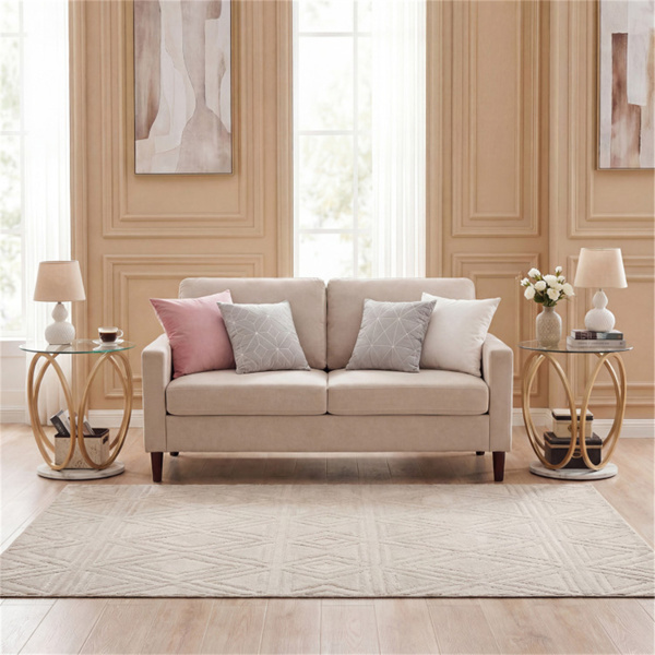 现代双层边桌，钢化玻璃桌面和人造大理石底座，金色和白色圆形茶几-7